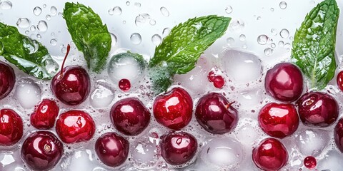 Poster - Fresh cherries submerged in ice and mint leaves, refreshing summer drink concept, vibrant colors, droplets of water, healthy snack