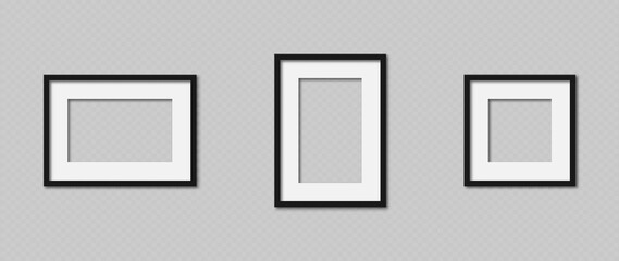 Leinwandbilder - Photo or picture frame set. Realistic black rectangular picture frames mockup with shadow isolated on transparent background. Vector.