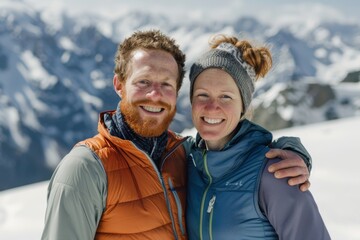 Wall Mural - Portrait of a blissful caucasian couple in their 30s wearing a lightweight running vest isolated on snowy mountain range