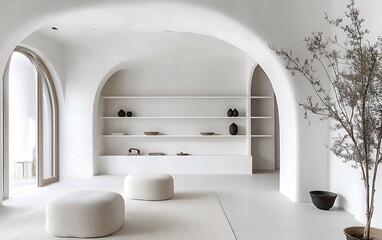 Wall Mural - Spacious minimalist interior with white walls, open shelves, and a soft arch, clean lines and modern home decor