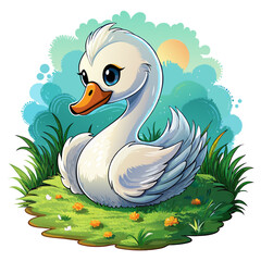 Wall Mural - Vector illustration of a baby duck on the grass on white background - Generative AI
