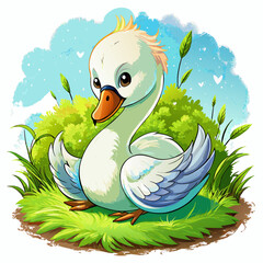 Wall Mural - Vector illustration of a baby duck on the grass on white background - Generative AI

