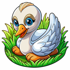 Wall Mural - Vector illustration of a baby duck on the grass on white background - Generative AI
