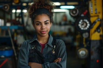 Wall Mural - Portrait of a young African American female auto mechanic in workshop