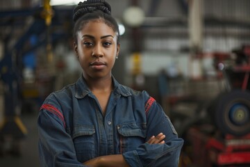 Wall Mural - Portrait of a young African American female auto mechanic in workshop