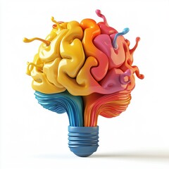 Wall Mural - 3D icon cartoon of a creative brain with ideas flowing, isolated on a white background -