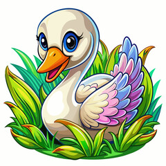 Wall Mural - Vector illustration of a baby duck on the grass on white background - Generative AI
