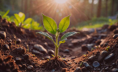 Poster - A small plant is growing in the dirt. The plant is surrounded by rocks and dirt, and it is in the shade