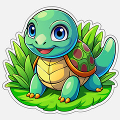 Wall Mural - Vector illustration of a baby turtle on the grass on white background - Generative AI
