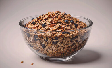 Aufkleber - A bowl of cereal with blueberries and nuts. The bowl is half full and the cereal is scattered throughout the bowl