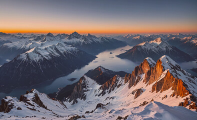 Poster - The mountains are covered in snow and the sky is a beautiful orange color. The mountains are very tall and the lake is very calm