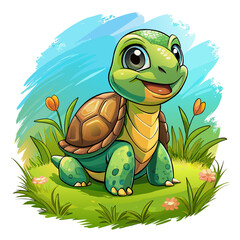 Wall Mural - Vector illustration of a baby turtle on the grass on white background - Generative AI
