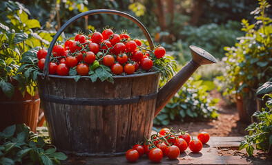 Poster - A bucket full of ripe red tomatoes sits on a wooden table. The bucket is filled with tomatoes and has a spout on top. The scene is bright and cheerful, with the tomatoes being the main focus