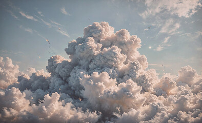 Poster - A large cloud of white smoke is billowing into the sky. The sky is mostly blue with a few white clouds scattered throughout. The smoke is so thick that it obscures the sun, creating a moody and
