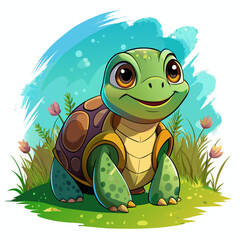 Wall Mural - Vector illustration of a baby turtle on the grass on white background - Generative AI
