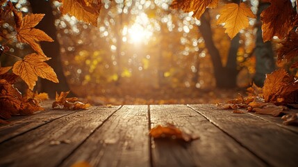 autumn leaves, wooden surface, sunlit park, fall background