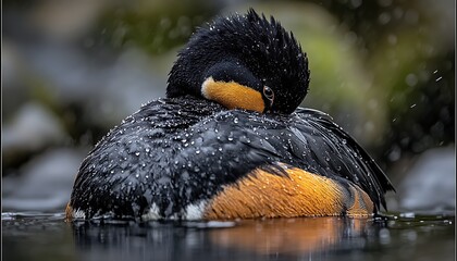 Steller's Eider duck preening in rain.