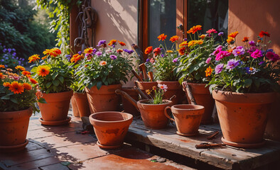 Poster - A row of potted plants with a variety of colors and sizes. The plants are arranged on a wooden table, and there are several spades and a watering can nearby. Concept of warmth and natural beauty