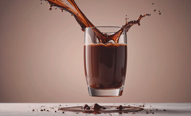 Poster - A glass of chocolate milk is poured into a glass, and the liquid is splashing out of the glass