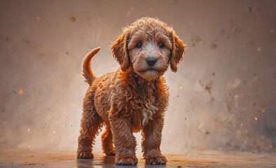 Poster - A cute brown puppy with a red collar stands on a tile floor. The puppy has a playful and curious expression on its face