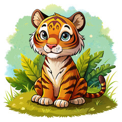 Wall Mural - Vector illustration of a baby tiger on the grass on white background - Generative AI
