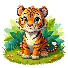 Wall Mural - Vector illustration of a baby tiger on the grass on white background - Generative AI
