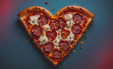 Poster - A heart-shaped pizza with pepperoni and cheese. The pizza is cut in half and placed on a blue background