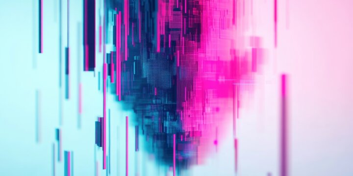 Minimalistic design with colorful glitch effects, including pink and blue lines on a white background. The composition highlights the concept of digital data flow and neon-like textures.