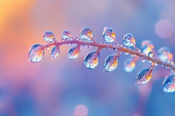 Poster - Water droplets glisten on vibrant green leaves against a warm, blurred background during a tranquil evening