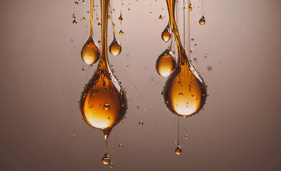 Poster - Two drops of liquid hanging from a ceiling. The drops are brown and appear to be oil. The image has a dreamy, almost surreal quality to it