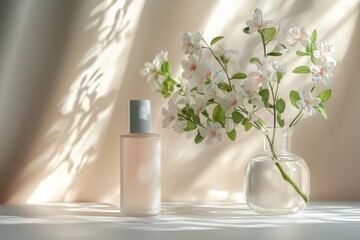 Poster - Brightly lit interior with a vase of pink flowers and a decorative container on a white surface showing shadow patterns