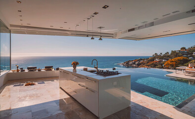 Poster - A large white kitchen with a view of the ocean. The kitchen is open to the outside and has a large island with a sink and a stove. The kitchen is very clean and well-organized