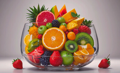 Poster - A bowl filled with a variety of fruits including oranges, apples, and strawberries. The bowl is placed on a table and the fruits are arranged in a visually appealing manner. Concept of freshness and