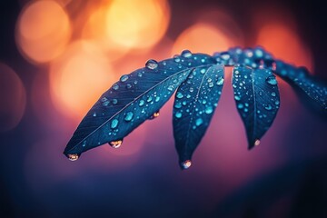 Poster - Water droplets glisten on vibrant green leaves against a warm, blurred background during a tranquil evening