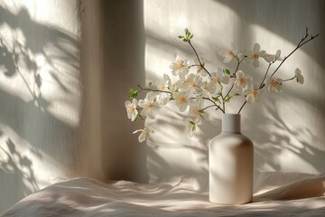 Poster - Brightly lit interior with a vase of pink flowers and a decorative container on a white surface showing shadow patterns