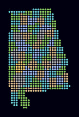 Poster - Alabama dotted map. Digital style map of the state on a dark background. Alabama shape with circle dots. Colored dots style. Large size circles. Abstract vector illustration.