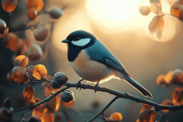 Aufkleber - Colorful bird perched on a branch with autumn leaves during golden hour against a warm background