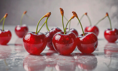Poster - A bunch of red cherries are sitting on a table. The cherries are shiny and wet, and they are arranged in a row. The image has a fresh and healthy vibe