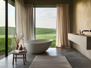 Wall Mural - A bathroom with a bathtub and a sink. The bathtub is white and the sink is white