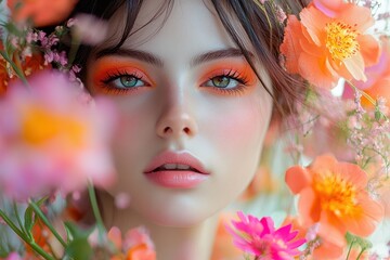 Poster - Portrait of a woman surrounded by vibrant flowers, showcasing radiant colors and natural beauty in a blooming garden setting