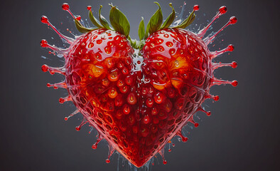 Poster - A heart made of strawberries with red juice dripping from it. The heart is surrounded by a blurry background