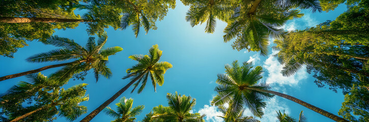 Wall Mural - green palm trees against blue sky and white clouds. tropical jungle forest with bright blue sky, pan