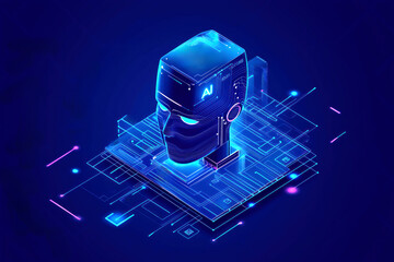 Fototapete - A glowing robotic head labeled 
