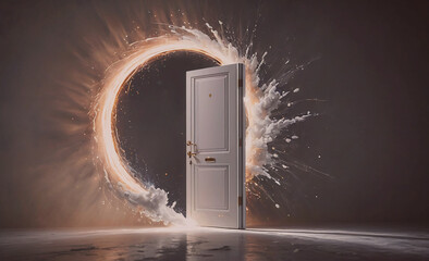 Poster - A white door is in the center of a circle of white paint. The door is surrounded by a splash of white paint, creating a sense of motion and energy. The scene is abstract and artistic