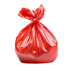 Poster - A single, tied red plastic bag is shown against a pure black backdrop, its glossy surface reflecting light.