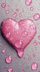 Poster - Vivid pink heart shaped water droplets rest on a soft gray background, creating a romantic ambiance. The glistening droplets capture light beautifully, evoking love and emotion