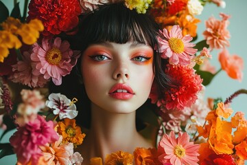 Poster - Portrait of a woman surrounded by vibrant flowers, showcasing radiant colors and natural beauty in a blooming garden setting