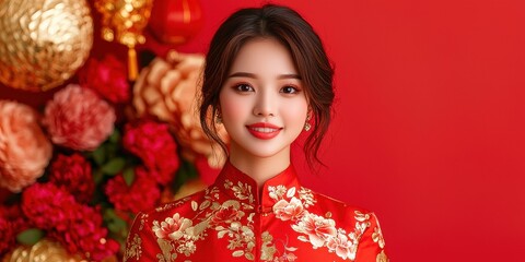 A woman in a traditional red dress smiles against a backdrop of vibrant flowers and decorations, embodying cultural elegance and celebration.