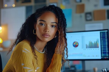 Leinwandbilder - Professional woman analyzing data on a large monitor in a modern office setting during the daytime
