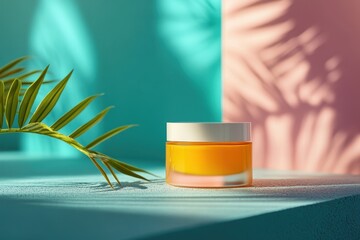 Poster - Tropical inspired skincare product displayed on a vibrant blue and pink background with plant shadows at daylight